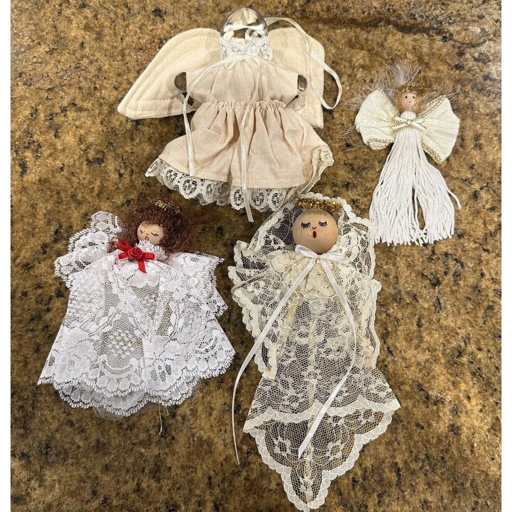 Vintage Angel Christmas Ornaments Lace Crochet Wooden Gold Set Of 4